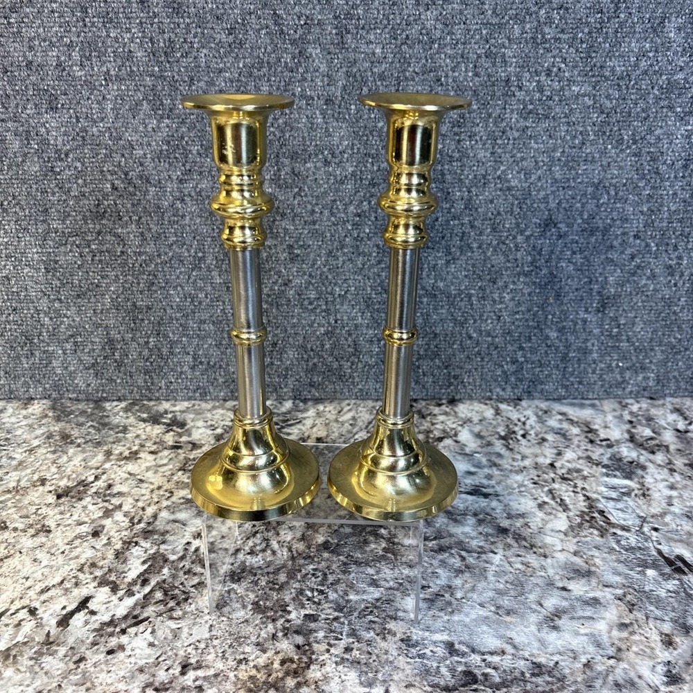 Set Of 2~ Vtg~Brass & Stainless Candle Stick Holders~9"